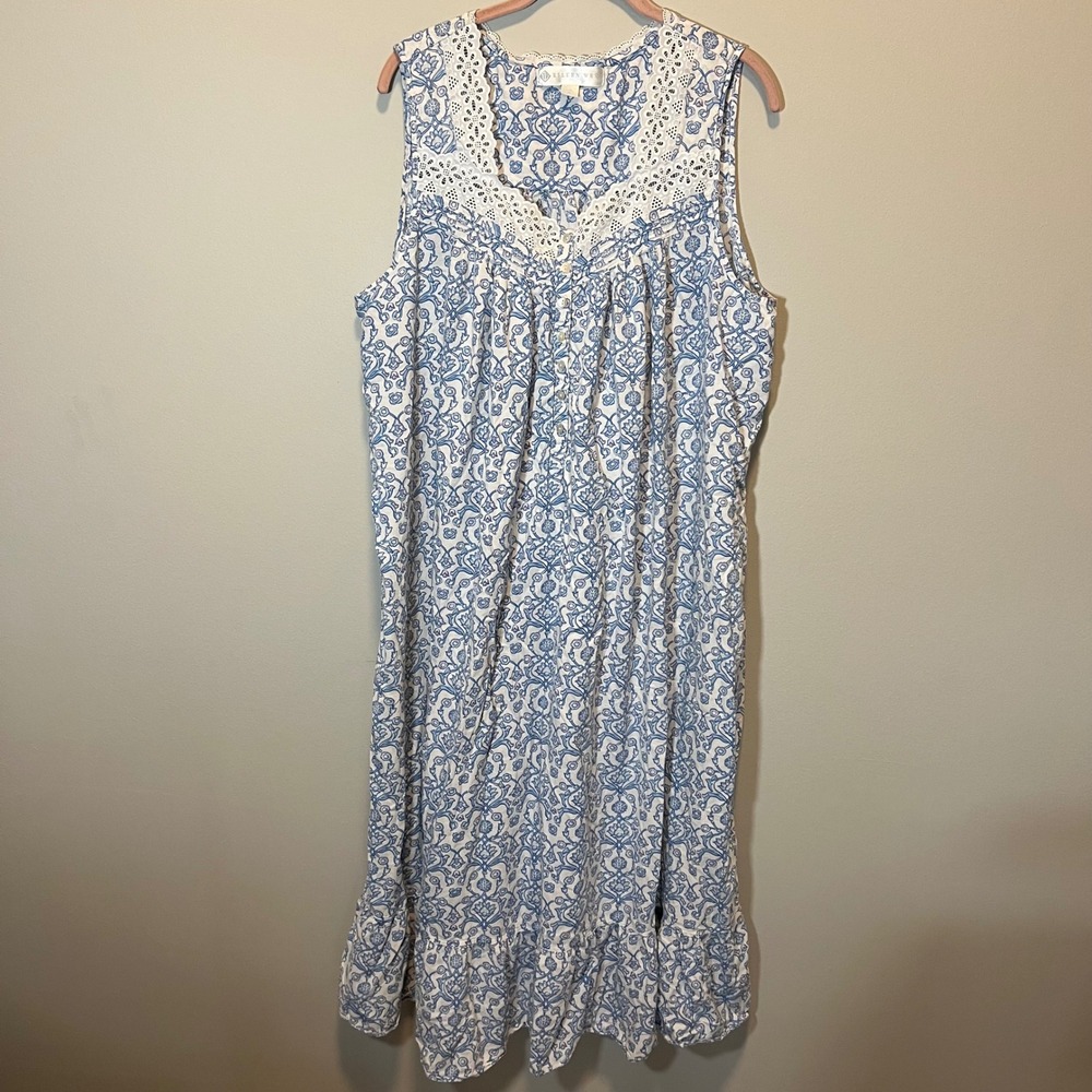Eileen West Blue White Floral Cotton Lace Trim Sleeveless Nightgown XL